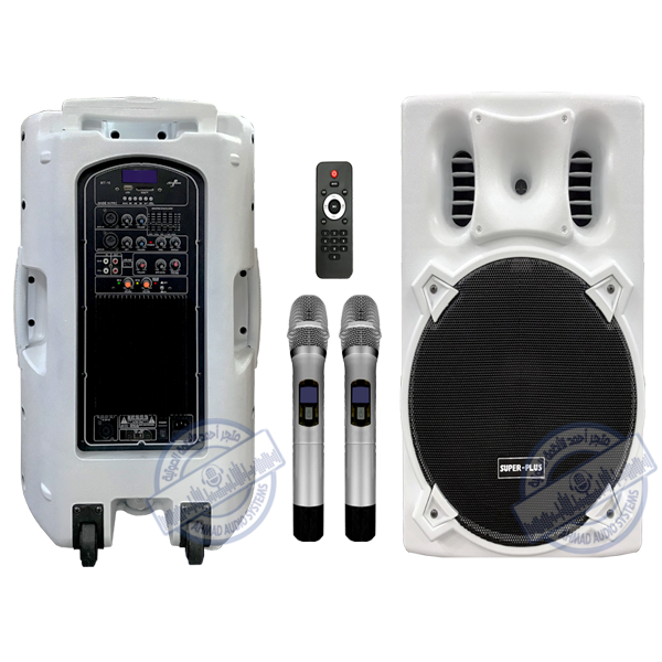   SUPER-PLUS MT-15 Portable PA System سماعة متنقلة من سوبر بلس مقاس 15انش  بقوة 1200وات لون ابيض مع 2لاقط لاسلكي يدوي و بلوتوث و يواس بي جودة عالية 